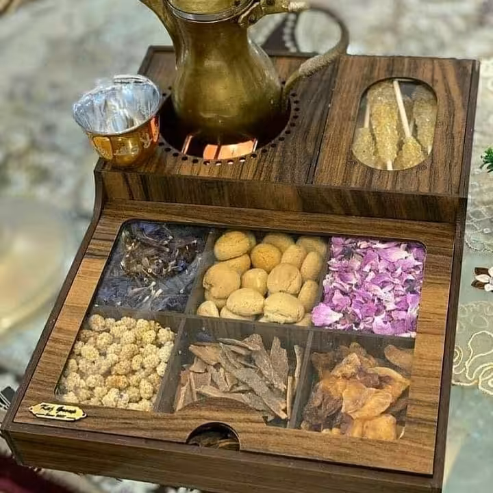 تیبگ وارمردار مستطیل چوبی سایز بزرگ به همراه وارمر جهت گرم نگه داشتن چای و دمنوش