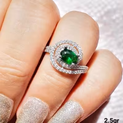 انگشتر با نگین سبز یشمی نقره عیار 925 کد 9023