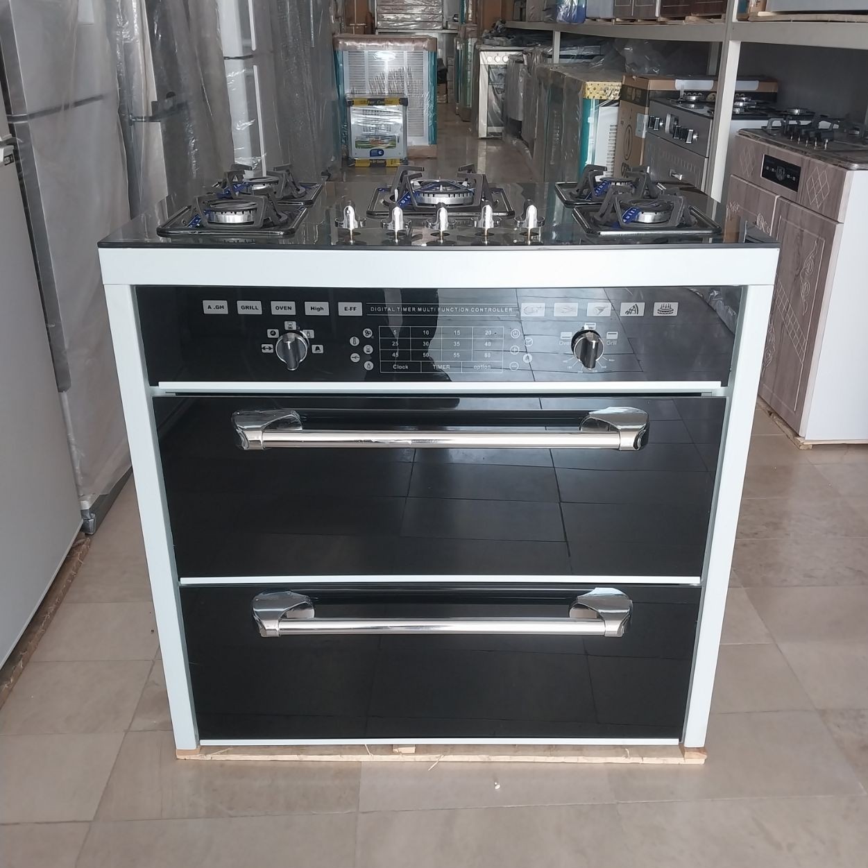 اجاق گاز 5شعله طرح فر سه کشو صفحه شیشه (پس کرایه)
