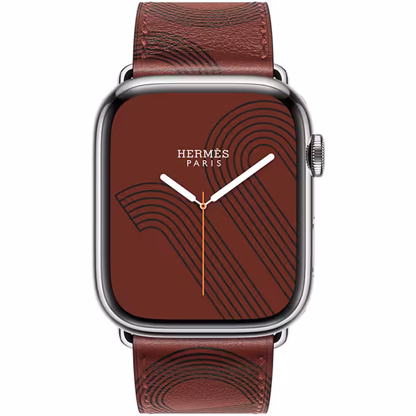 اپل واچ سری 7 هرمس سلولار استیل Silver با بند چرم Rouge H/Noir Swift Leather مردانه 45 میلیمتری - Hiapple.ir