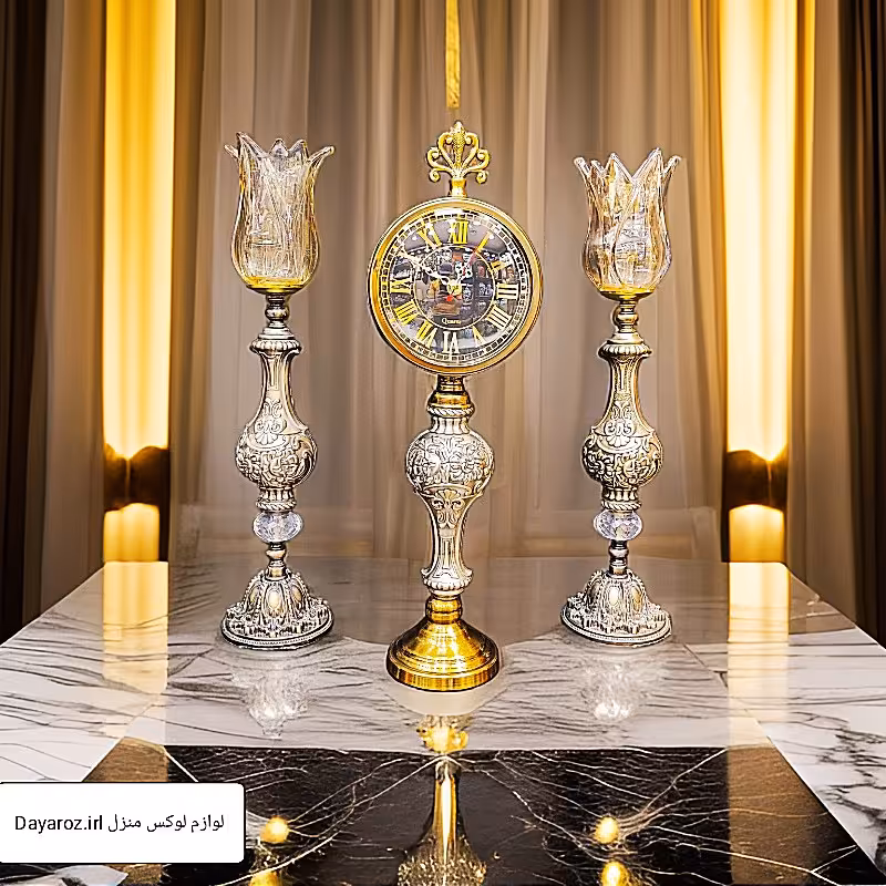 شمعدان و ساعت آنتیک، چوب و فلز  آبکاری درجه یک ضمانتی در سه رنگ طلایی نقره ای و آنتیک ،تک فروشی به قیمت عمده
