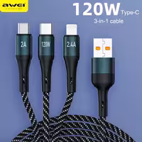 کابل شارژ آوی  1به3  microUSB-USB-C-لایتنینگ  مدل Awei CL972 - مشکی