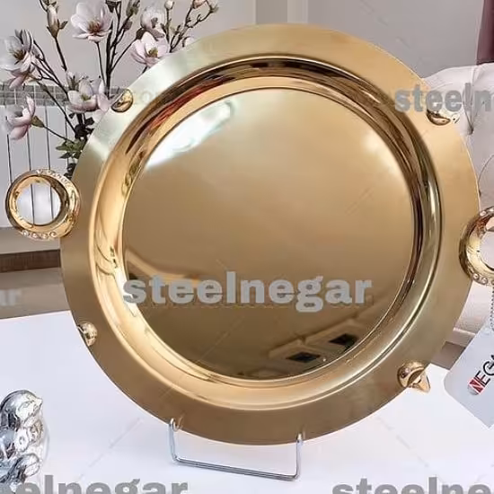 سینی گرد نگار طلایی دسته گرد نگین دار  ابعاد قطر 39cm