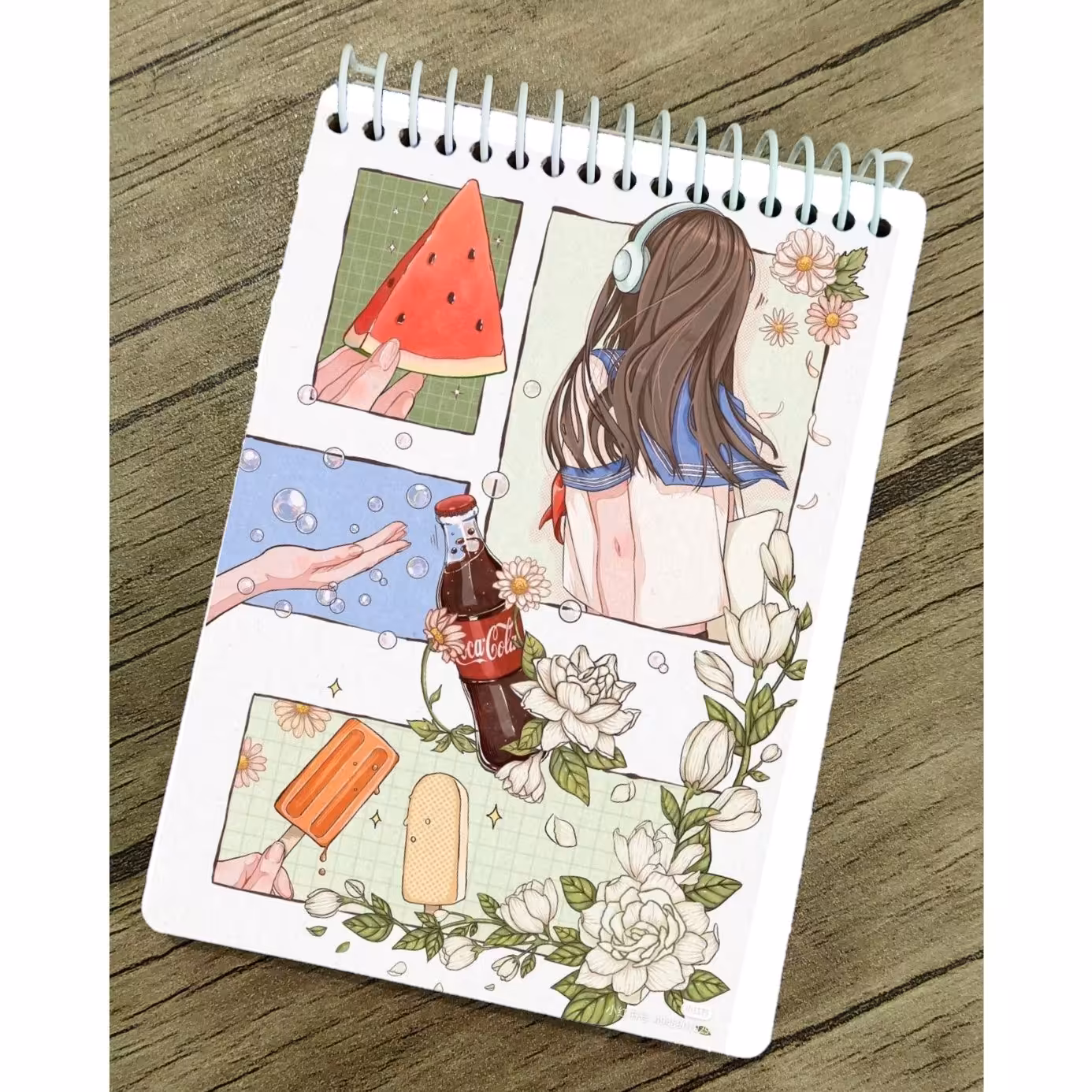 دفتر  با کاغذ کرافت طرح اکلیلی دخترانه  نوشابه و هندونه   ملزومات بولت ژورنال و اسکریپ بوک