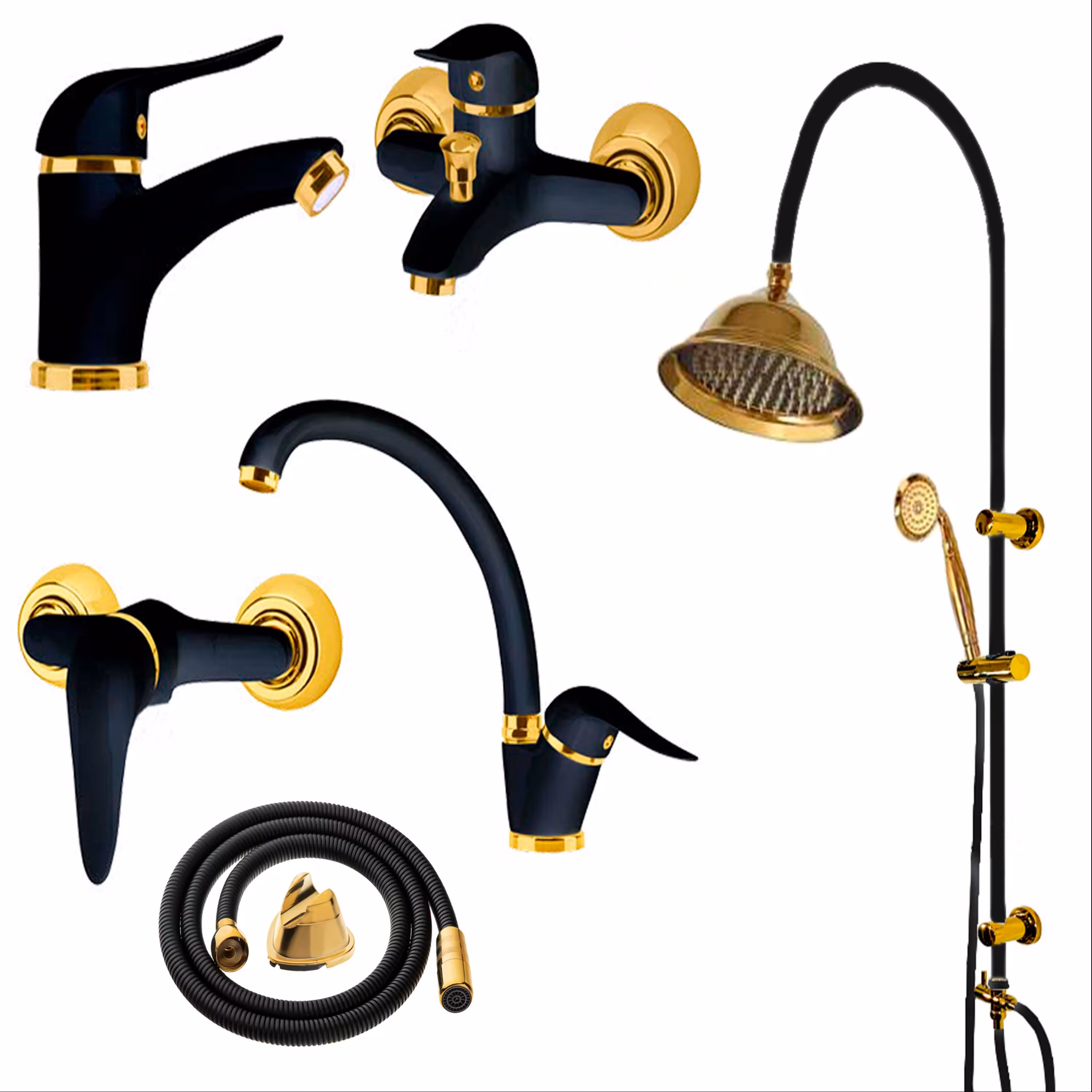ست 6تیکه شیرآلات مشکی طلایی همراه علم دوش حمام و شلنگ توالت