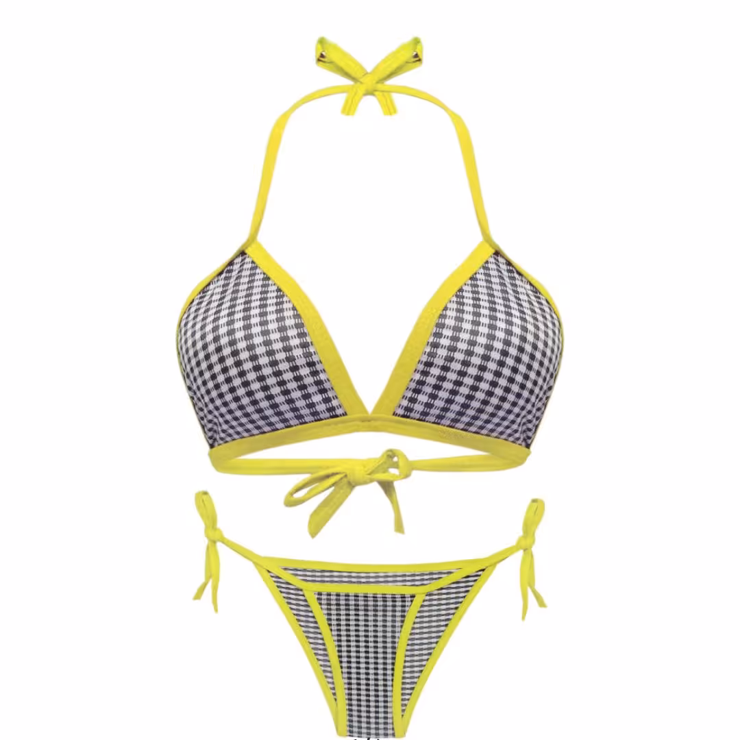 ست لباس زیر گره ای (بیکینی) چهارخانه سفید-، شورت ساده