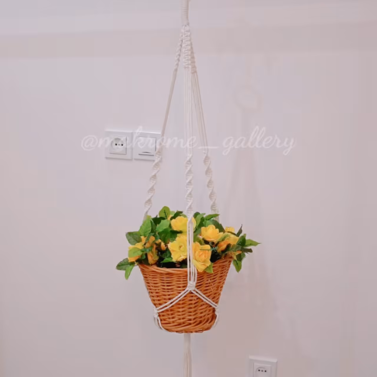 آویز گلدان مکرومه رنگ سفید و شیری آویز پتوس آویز گل