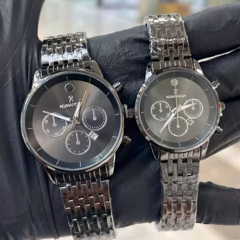 ساعت ست مردانه زنانه رومانسون بند استیل مشکی صفحه مشکی6 ماه گارانتی