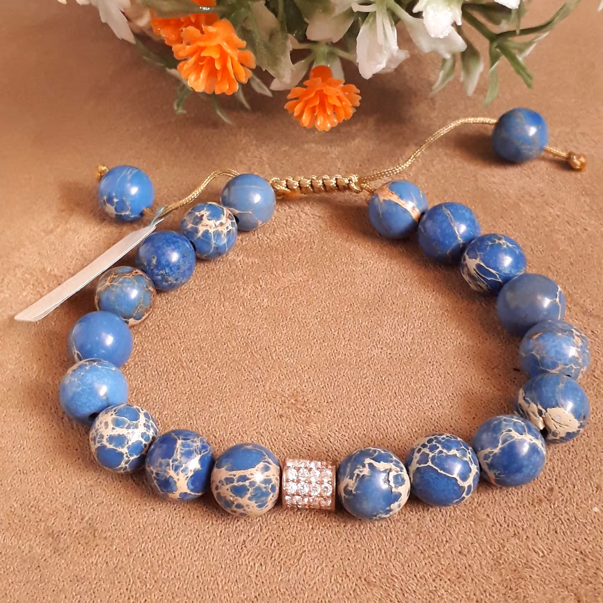 دستبند سنگی فیروزه آفریقایی و رینگ نقره آبکاری طلا رزگلد