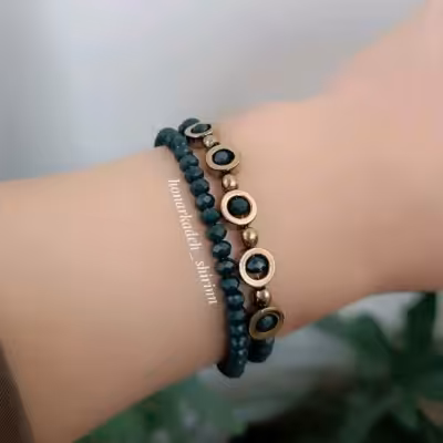 دستبند دو ردیفه کریستال سبز یشم و سنگ حدید