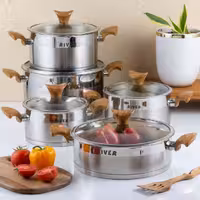 سرویس قابلمه 10 پارچه استیل ریور با دسته طرح چوب