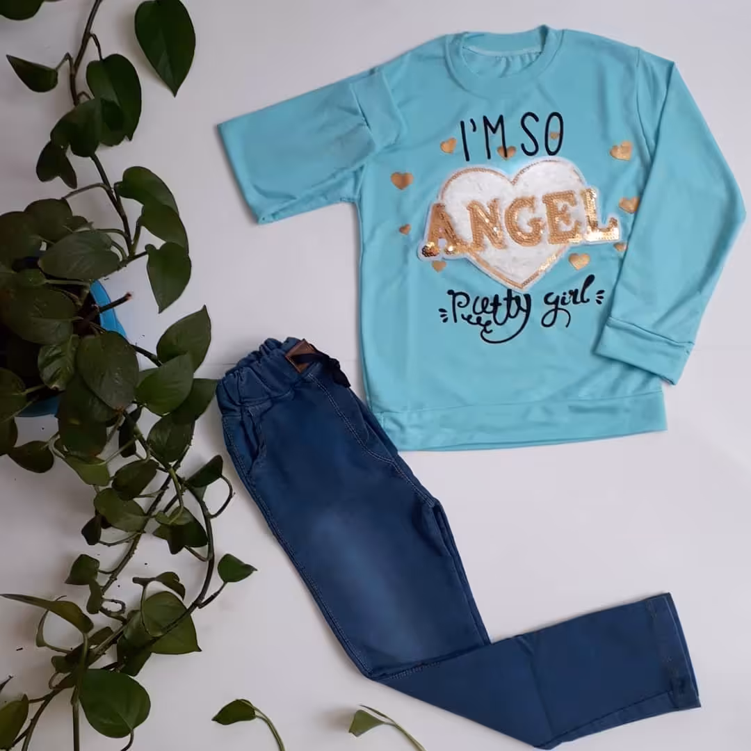 ست دوتیکه بلوز شلوار دخترانه شلوار لی کشی و تیشرت پنبه لباس بچگانه