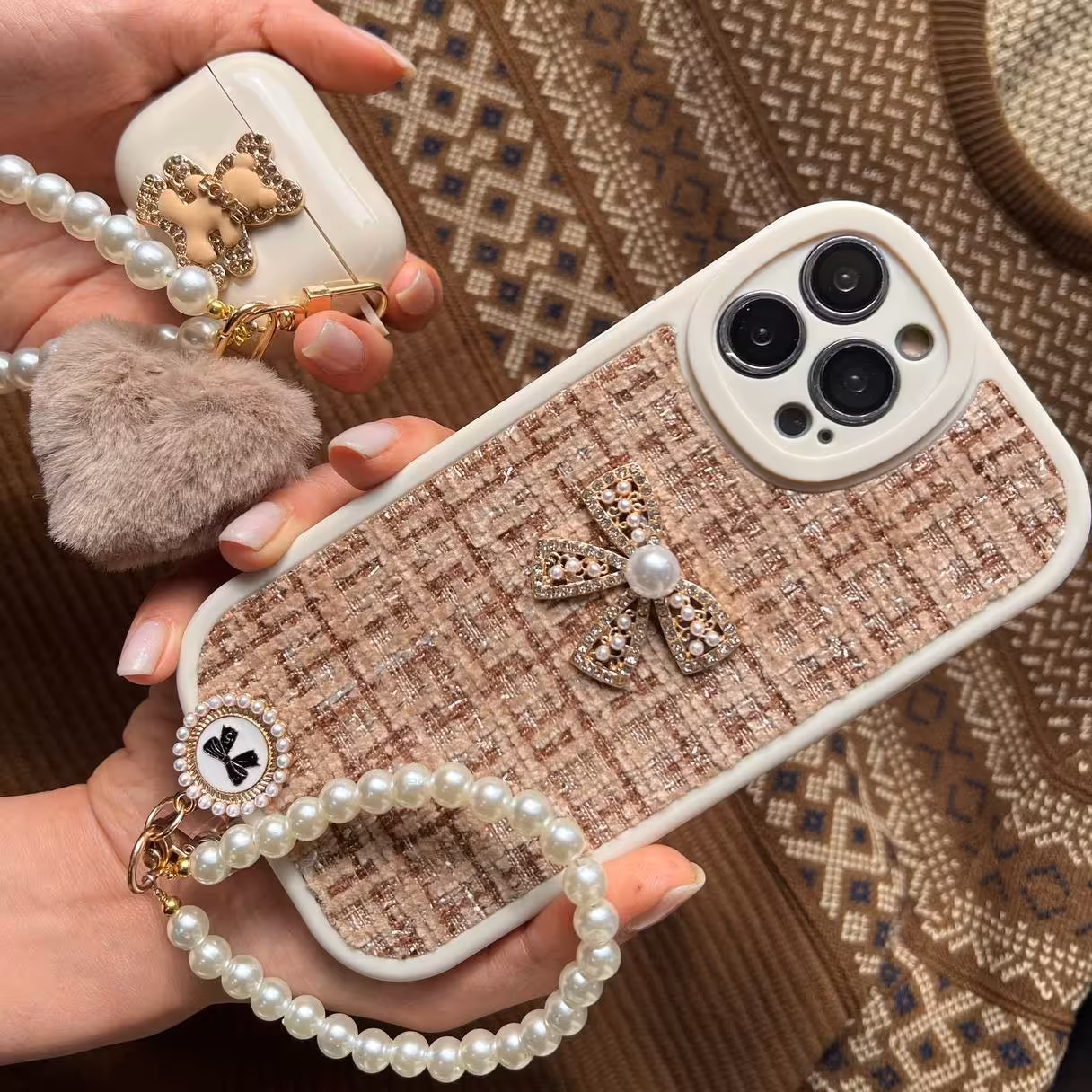 قاب گوشی طرح پاپیون پارچه ای دیاموند مرواریدی