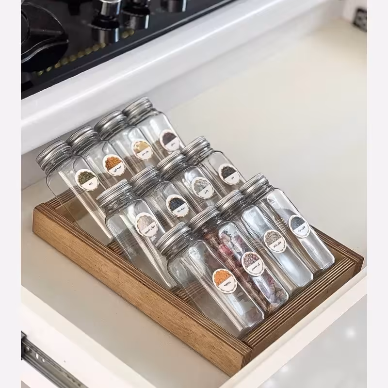 استند چوبی 3طبقه مک کارتی پله ای به همراه12عدد بانکه مک کارتی و درب نمکپاش و برچسب کیفیت درجه