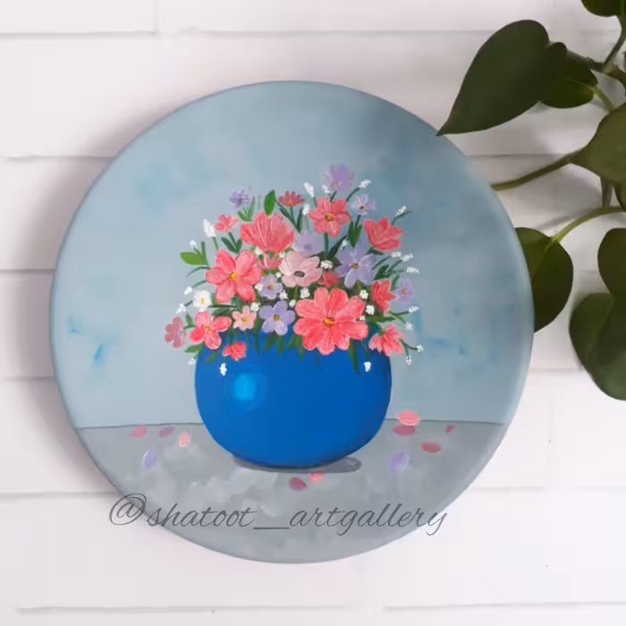 بشقاب سفالی تزئینی گل گلی قطر 20 سانت و نقاشی شده با دست
