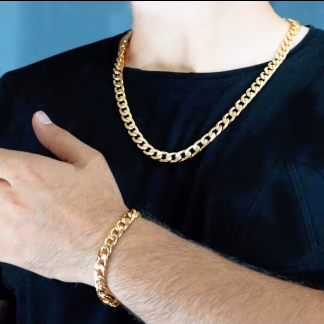 نیم ست کارتیر مردانه تمام استیل رنگ ثابت ضد حساسیت به کار خیلی شیک و خاص شامل (گردنبند و دستبند) 