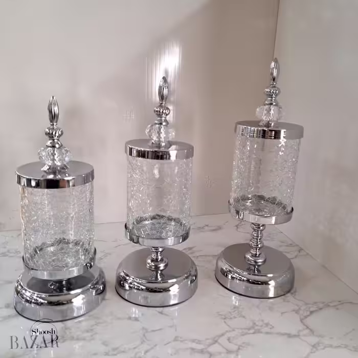 بانکه 3 سایز شیشه ترک پایه دار نقره ای