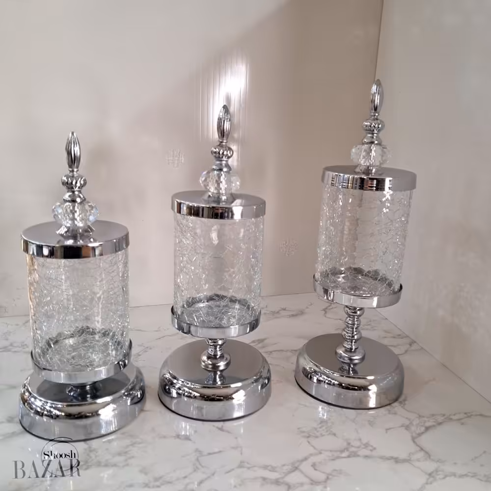 بانکه 3 سایز شیشه ترک پایه دار نقره ای