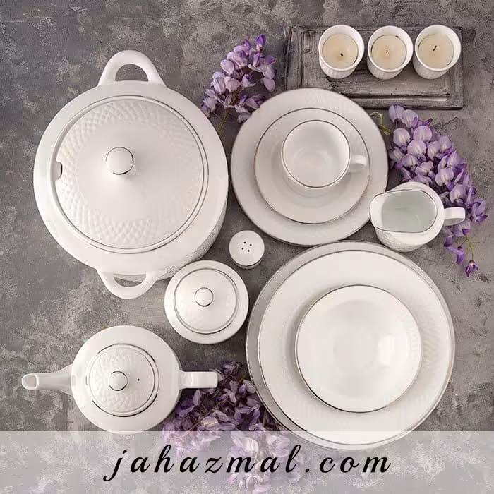 سرویس چینی زرین طرح سمن 102 پارچه (سفید لب نقره)