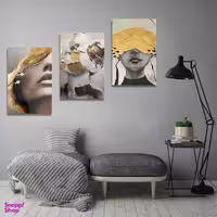 تابلو شاسی بکلیت طرح نقاشی دکوری مدرن چهره طلایی مدل SH-1444 مجموعه 3 عددی