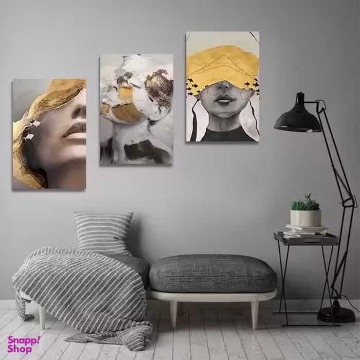 تابلو شاسی بکلیت طرح نقاشی دکوری مدرن چهره طلایی مدل SH-1444 مجموعه 3 عددی