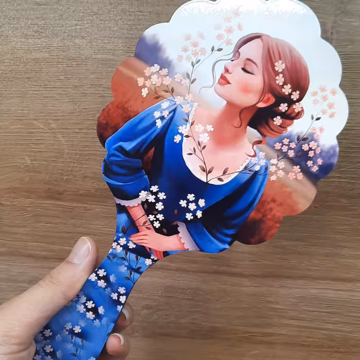 آینه دستی چوبی فانتزی دورو چاپ شاین سایز بزرگ زنانه و دخترانه 