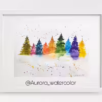 نقاشی کاج های رنگی تکنیک آبرنگ و راپید