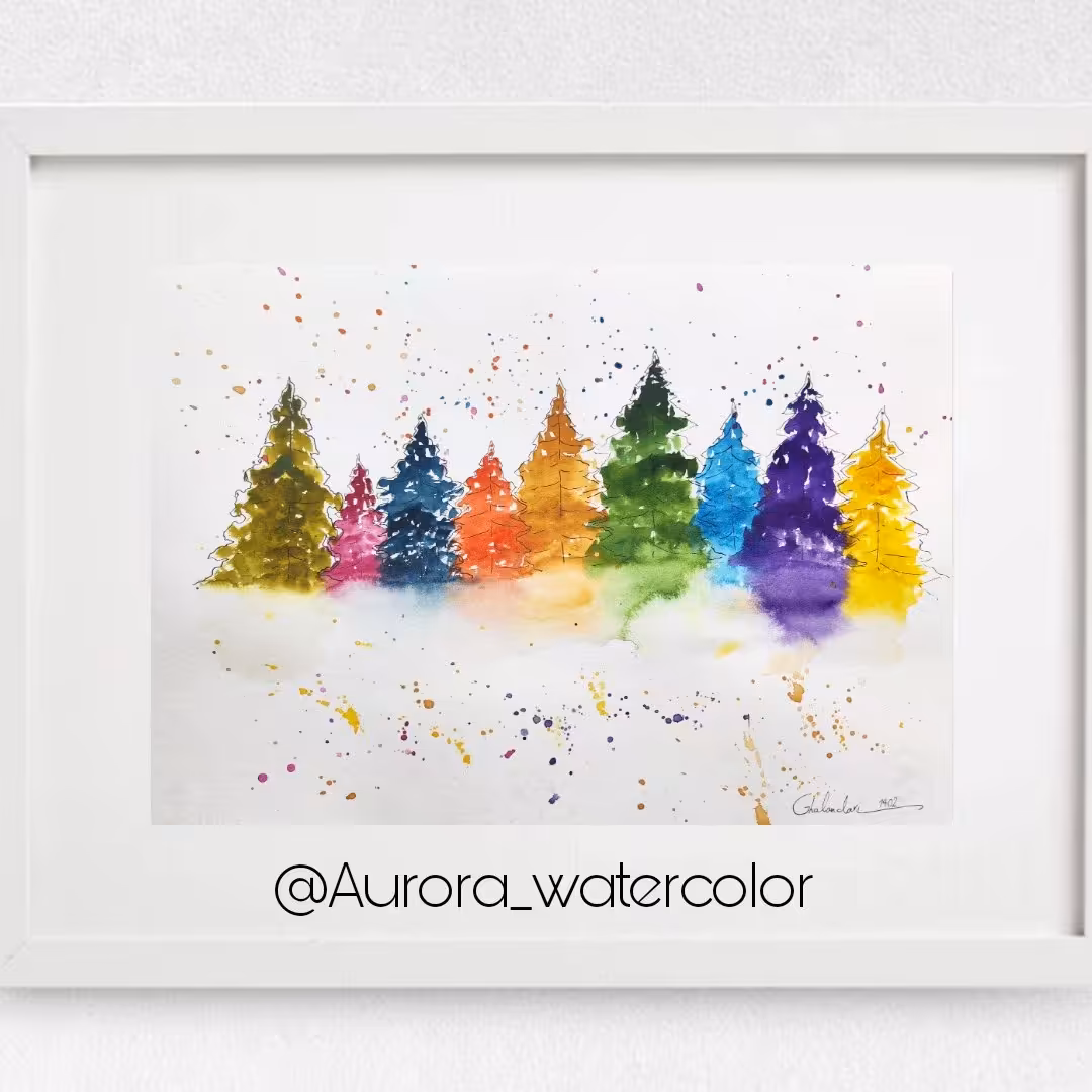 نقاشی کاج های رنگی تکنیک آبرنگ و راپید