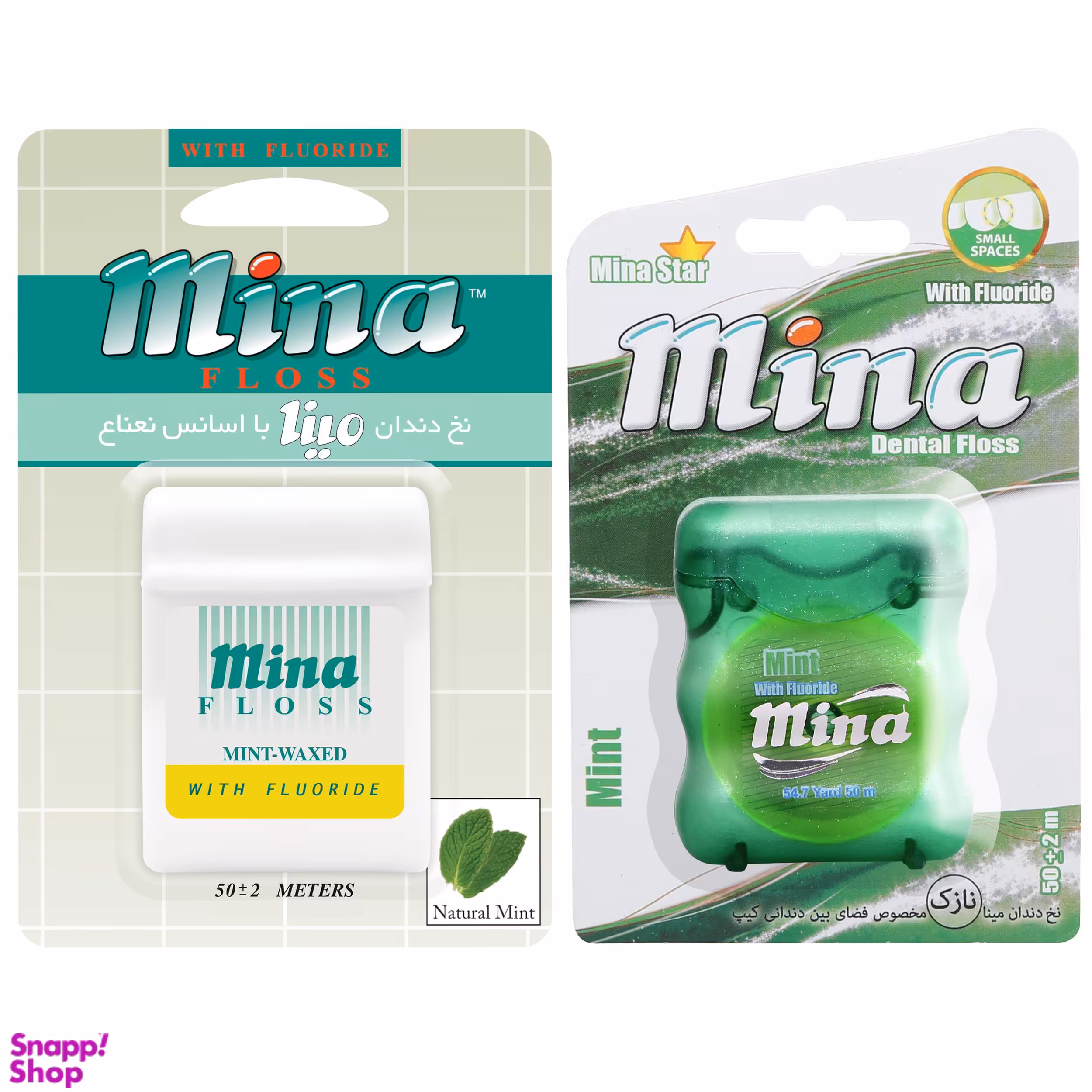 نخ دندان مینا (Mina) مدل Narrow با اسانس نعناع طول 50 متر + نخ دندان مینا مدل Mint طول 50 متر
