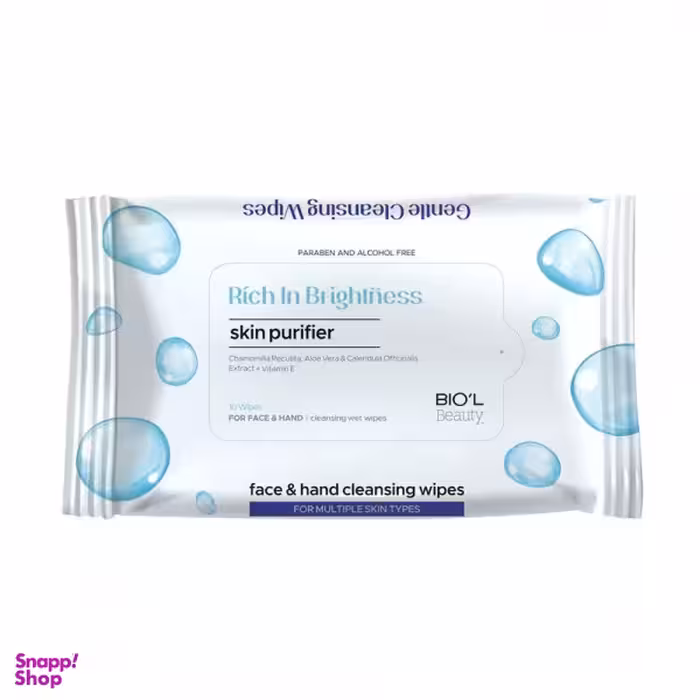 دستمال مرطوب بیول (Biol) مدل ضدباکتری روشن کننده وپاک‌کننده مناسب دست و صورت بسته 10 عددی