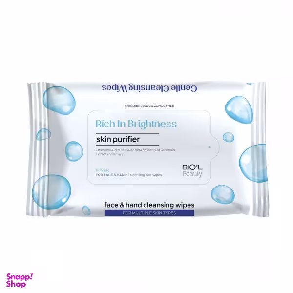 دستمال مرطوب بیول (Biol) مدل ضدباکتری روشن کننده وپاک‌کننده مناسب دست و صورت بسته 10 عددی