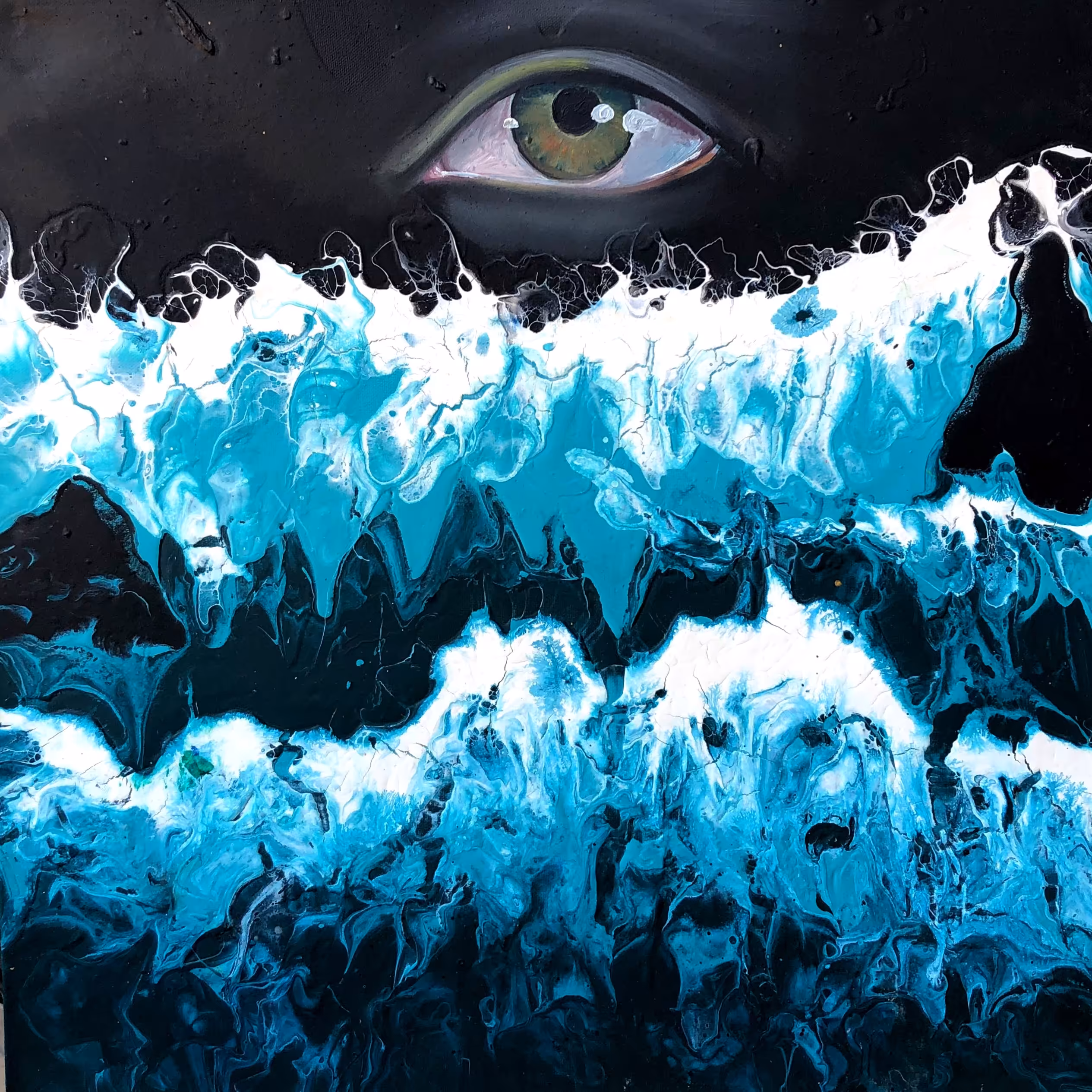 نقاشی اثر  آبستره اکریلیک و رنگ روغن . طرح چشم و دریا