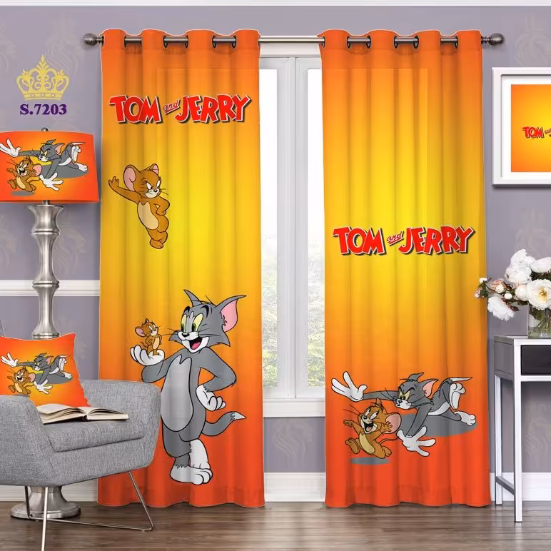 پرده اتاق خواب کودک دو قواره پانچ طرح کارتونی تام و جری کد S7203