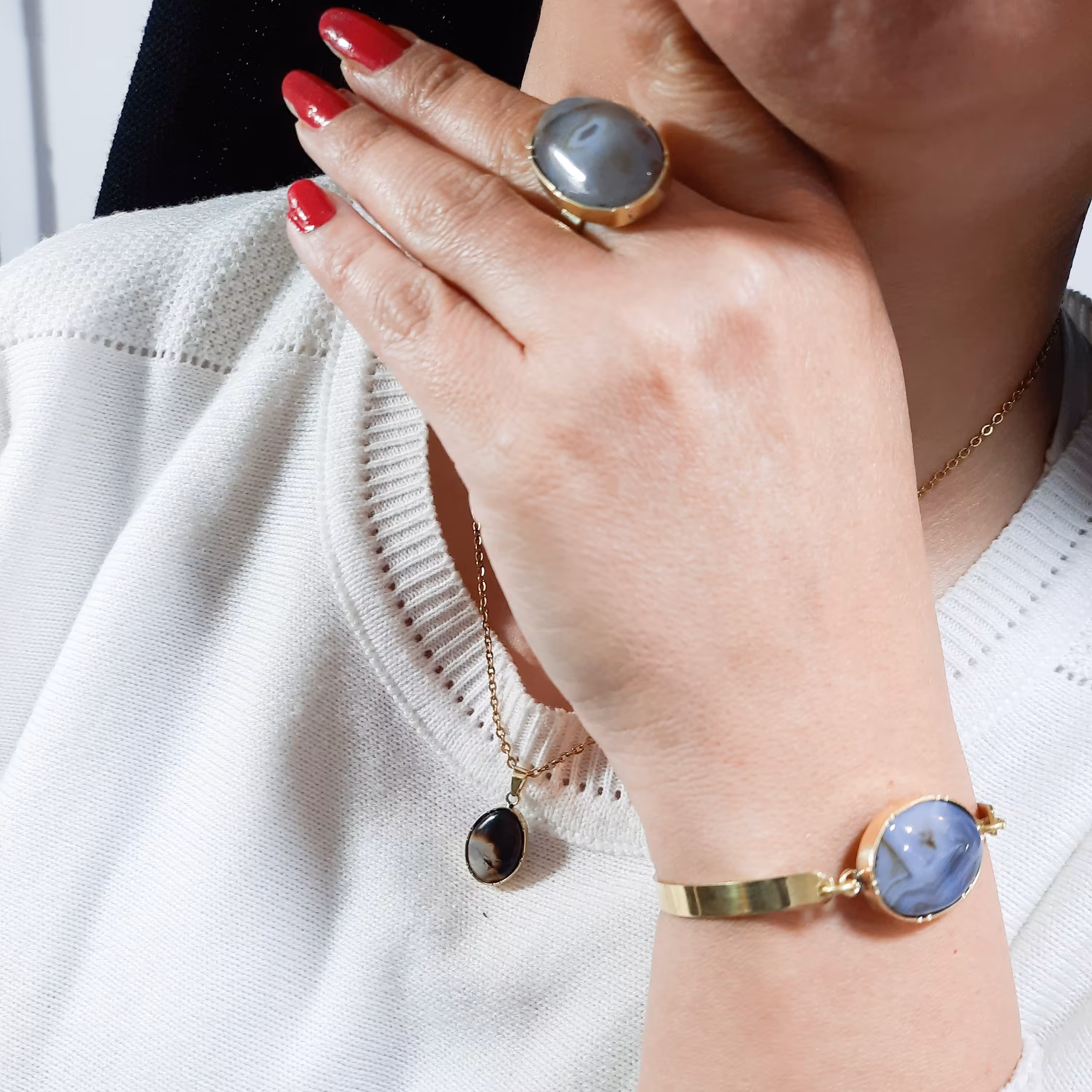 نیم ستنیم ست از سنگ عقیق شجر دستبند انگشتر فری سایز پلاک قاب برنج