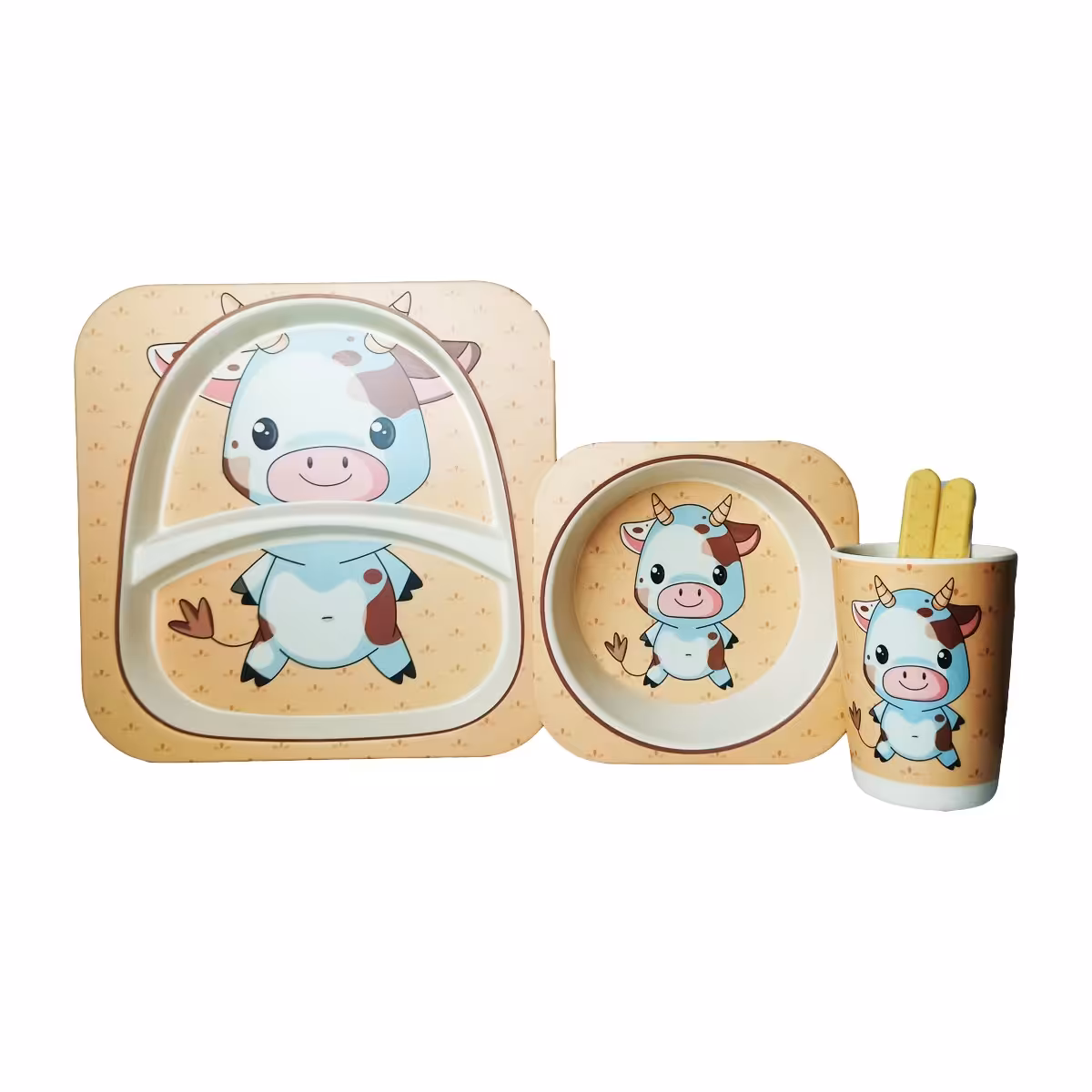 ظرف غذای کودک بامبو فایبر(سرویس غذاخوری)ست 5 تکه طرح گاو کد Gw30101066