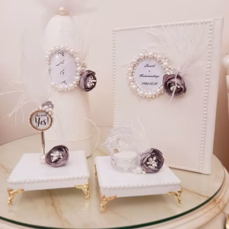 ست بله برون گل 5 تکه مروارید و پر بسیار زیبا و شیک