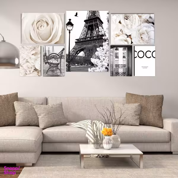 تابلو شاسی بکلیت طرح مدرن منظره برج ایفل و گل رز سفید مدل SH-1847 مجموعه 7 عددی