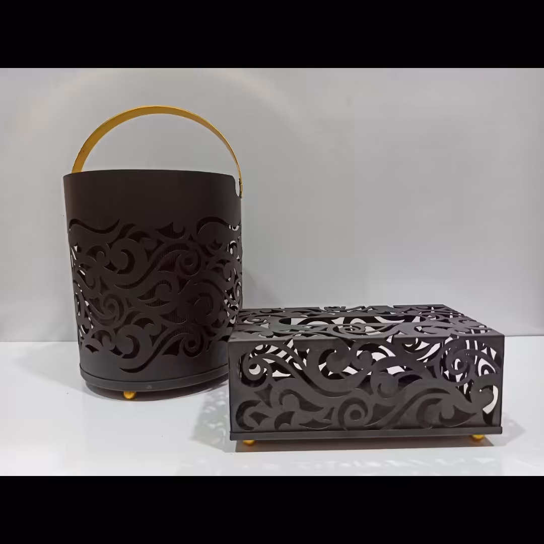 ست سطل و جا دستمالی لیزری مشکی دسته و پایه طلایی