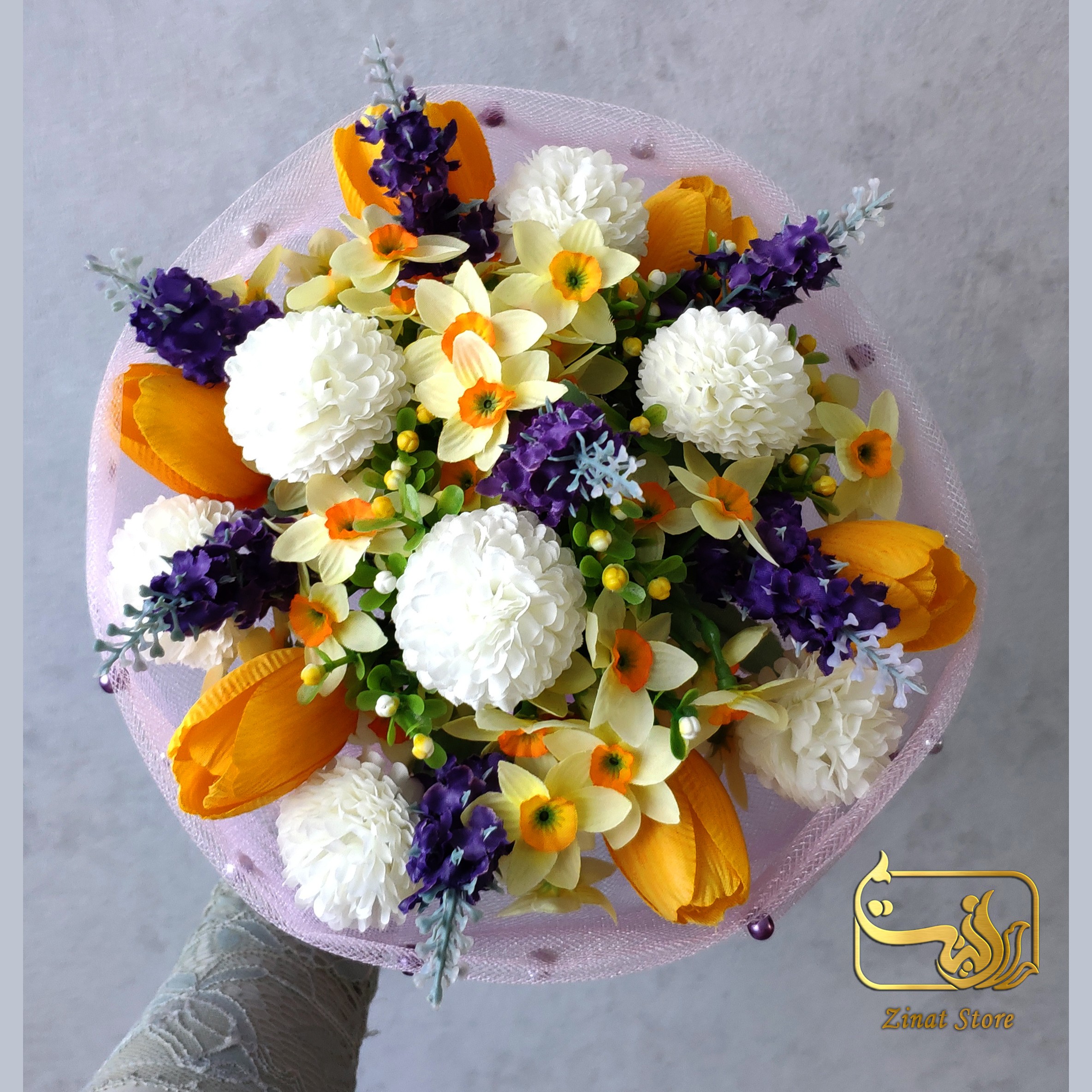 دسته گل عروس گل مصنوعی نرگس و لوندر