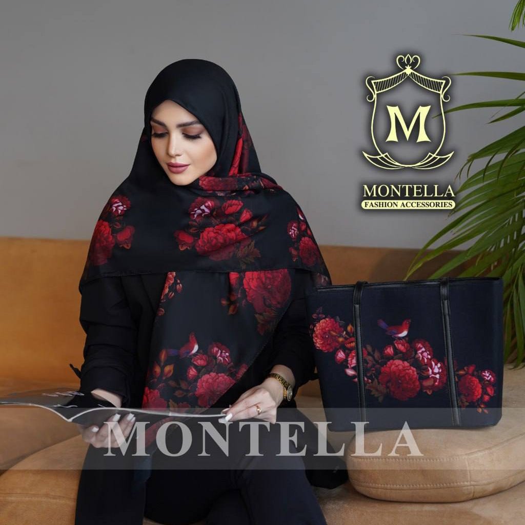 ست کیف و روسری مشکی قرمز گل و مرغ_ ست کیف و شال مشکی قرمز گل و مرغ