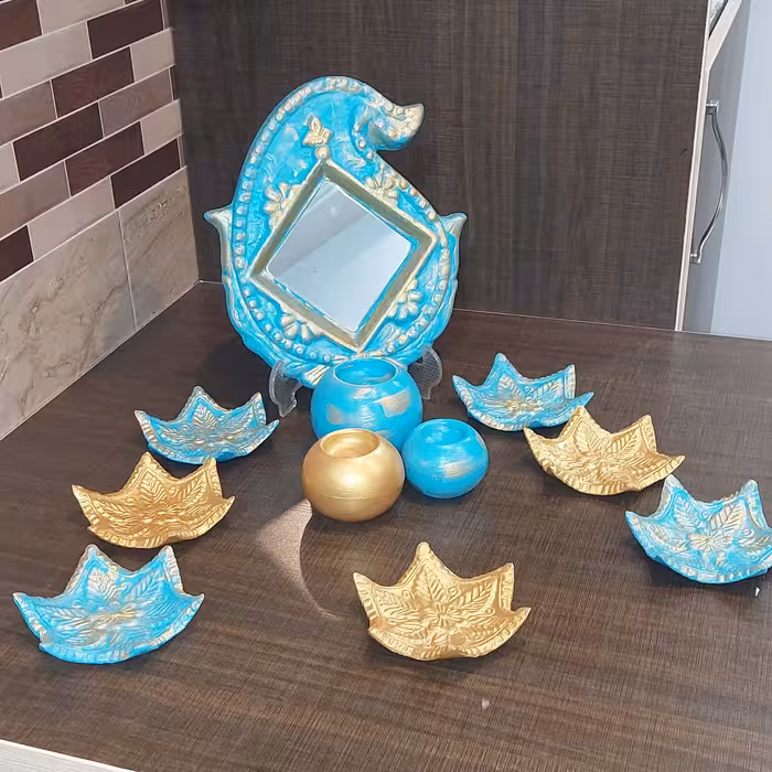 7سین سفالی پتینه، آبی روشن و طلایی، 