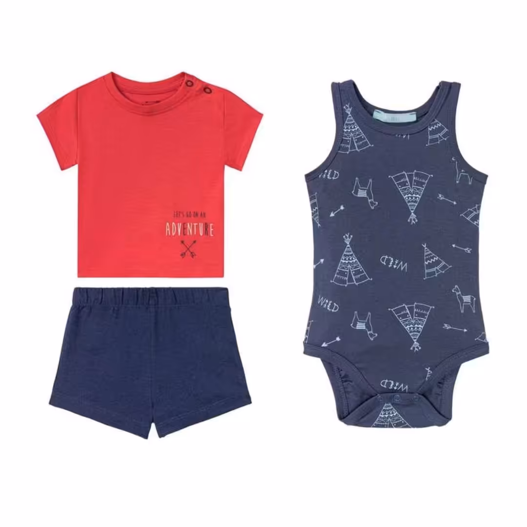 ست نوزادی سه تیکه پسرانه برند لوپیلو آلمان شامل تیشرت و شلوارک و بادی سایز  2 تا 6 ماه قد نوزاد 62 تا 68 نخ پنبه و لطییف