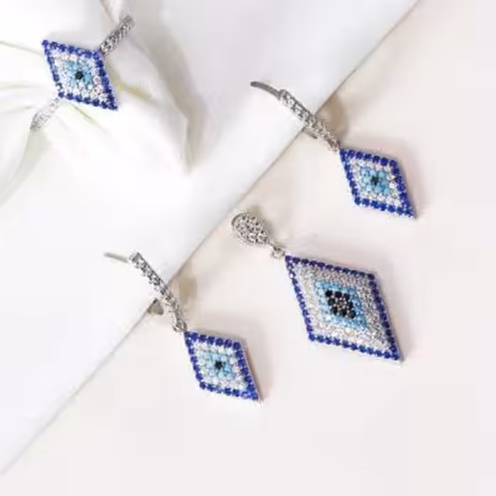 نیم ست نقره چشم زخم طرح لوزی کد 1614