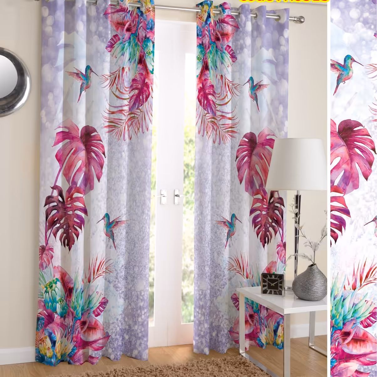 پرده اتاق خواب دو قواره پانچ آماده طرح فانتزی گل پرنده کد P8313