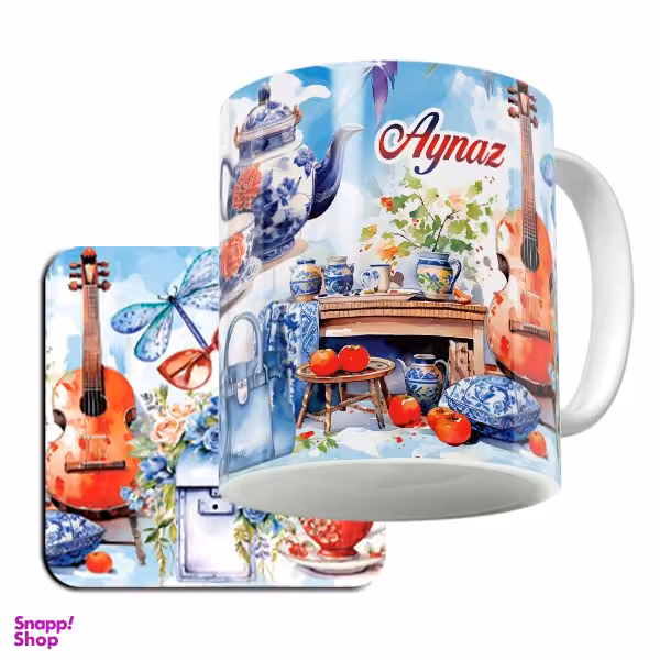 ماگ لاژید مدل اسم آیناز طرح نقاشی آبرنگ به همراه زیر لیوانی