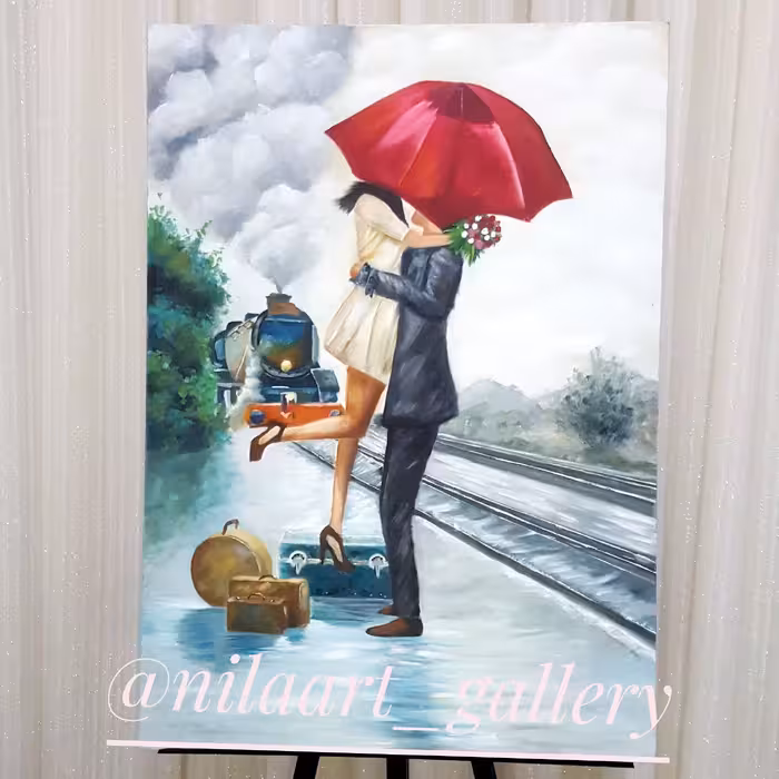 تابلو " چتر عشق " 
تکنیک : رنگ روغن 
ابعاد : 50 ×70 سانتی متر
اماده ارسال