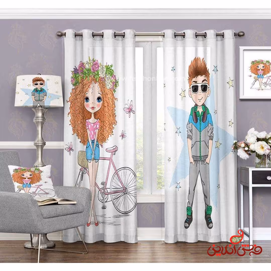 پرده 2عددی کودک طرح دختر و دوچرخه با پسر کد 3109