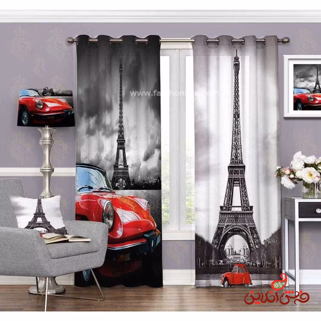 پرده طرح برج ایفل و ماشین قرمز کد 3390