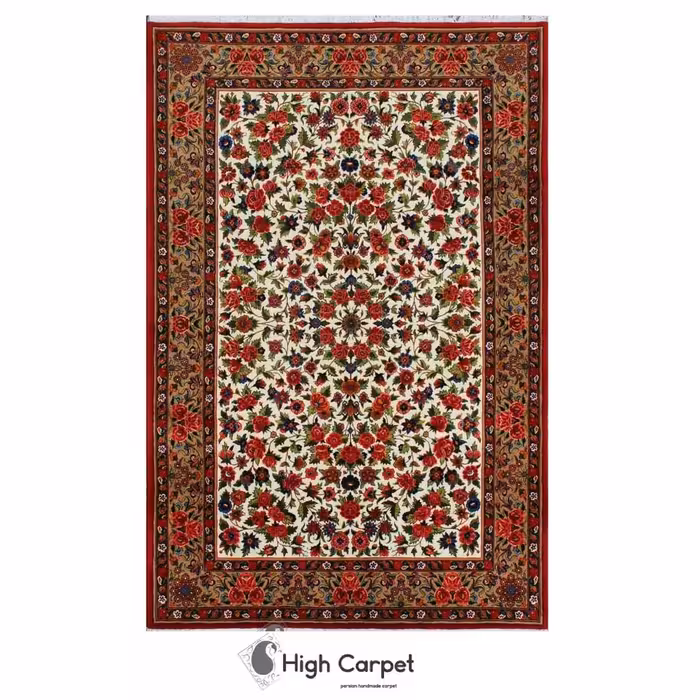 فرش دستبافت بختیار 6 متری نقشه افشان کرم گل فرنگ کد 0236