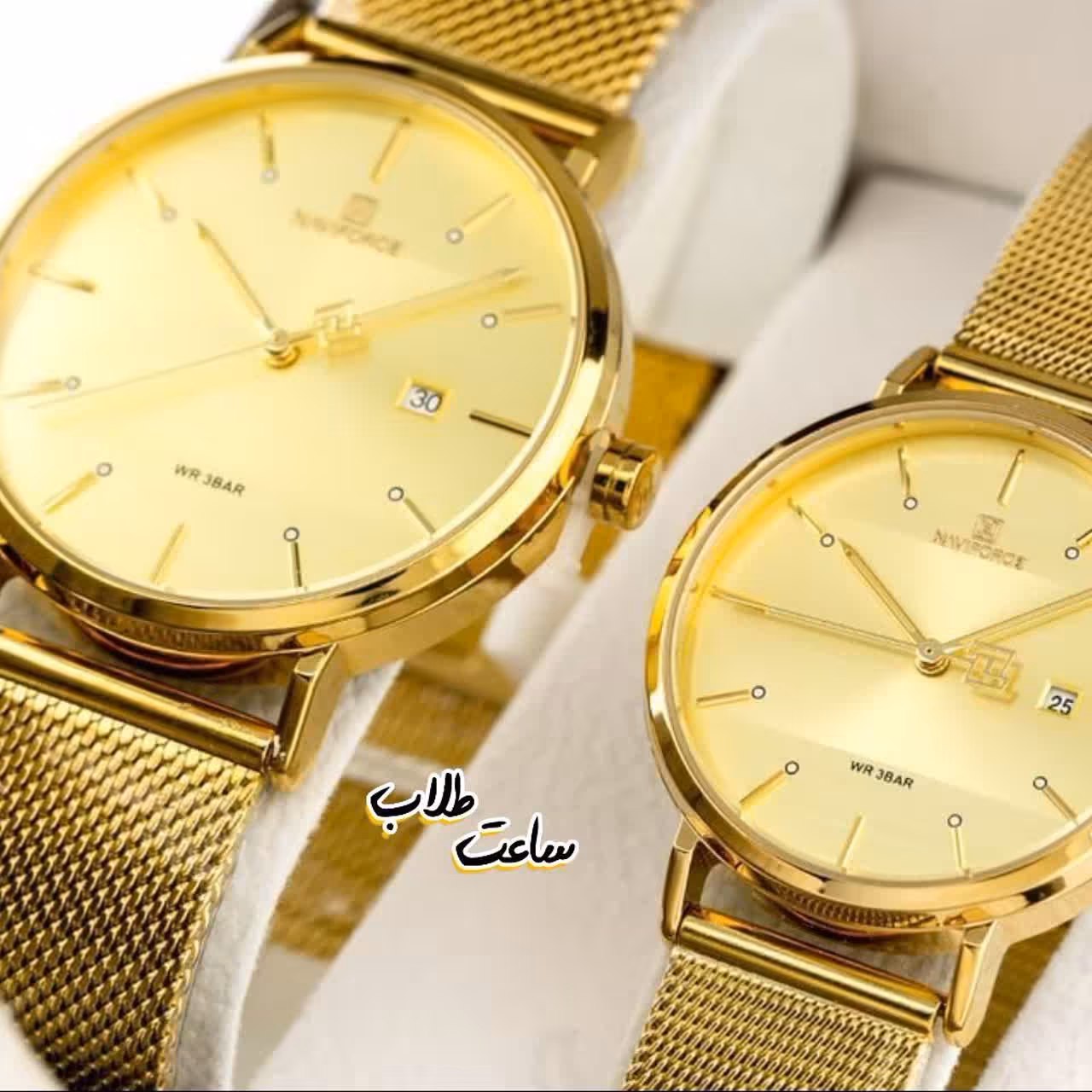 ‏ ست ساعت مچی مردانه و زنانه ناویفورس  اورجینال بند استیل اصلی رنگ طلایی naviforce